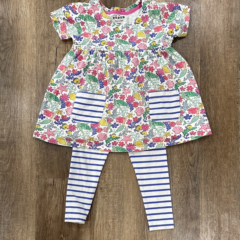Mini Boden,Colorful Floral Dress and Striped Leggings Set